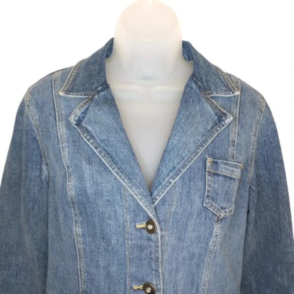 Style & Co Denim Jean Blazer Jacket with Bling Rhinestone Buttons Size S Stretch